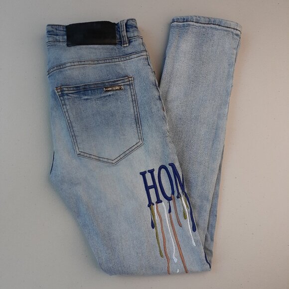 Homme + Femme Size 30 Letterman Drip Embroidered Distressed Denim Blue Jeans - Picture 2 of 11